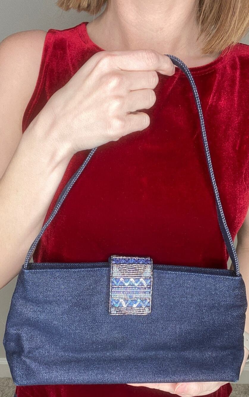 Y2K Aesthetic 100% Cotton Blue Jean Denim Beaded Closure Shoulder Handbag Purse